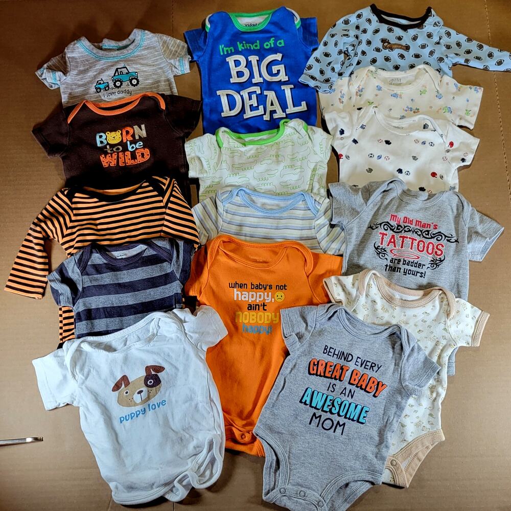 15 Assorted Baby Bodysuits 0-6 Months - Graphic Prints & Stripes Mom, Tattoos,